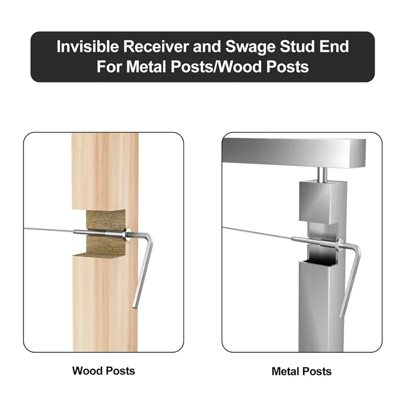 AB47-10 Pairs 4X4in Invisible Cable Railing Kit, 1/8In Invisible Receiver And Swage Stud End For 2X2in,4X4in Wood/Metal Posts