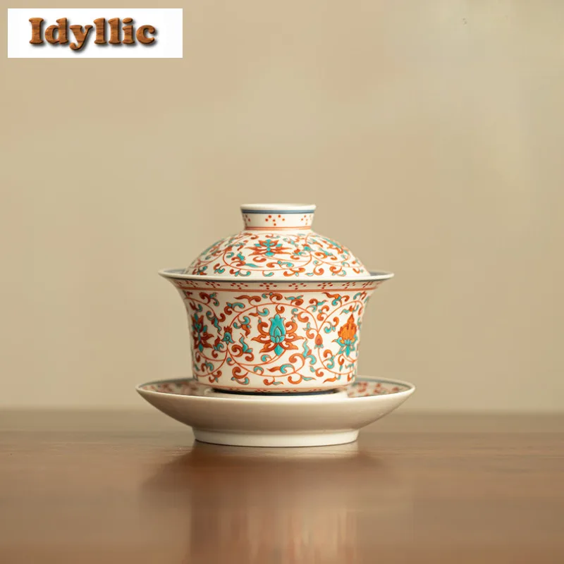 

150ML Pink Wrapped Lotus Hovering Stuck Gaiwan Vintage Tea Tureen Tea Bowl With Lid Kit Tea Making Cover Bowl For Tea Decoration
