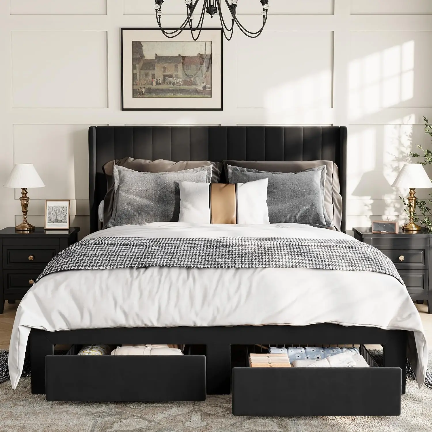 Velvet Queen Bed Frame with Storage Drawers & Wingback Headboard, No Box Spring Needed, Easy Assembly, Customized
