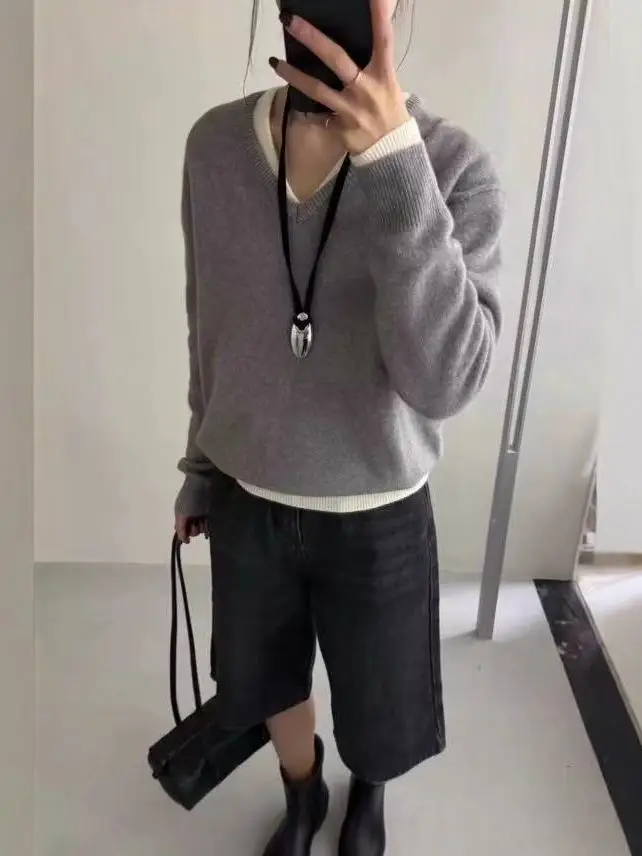 Langer Sve-Strickpullover für Damen, V-Ne, lockere Passform, Overhead-Sle, faionable, Übergröße, bequemes Ne-Herz-Aped-Design