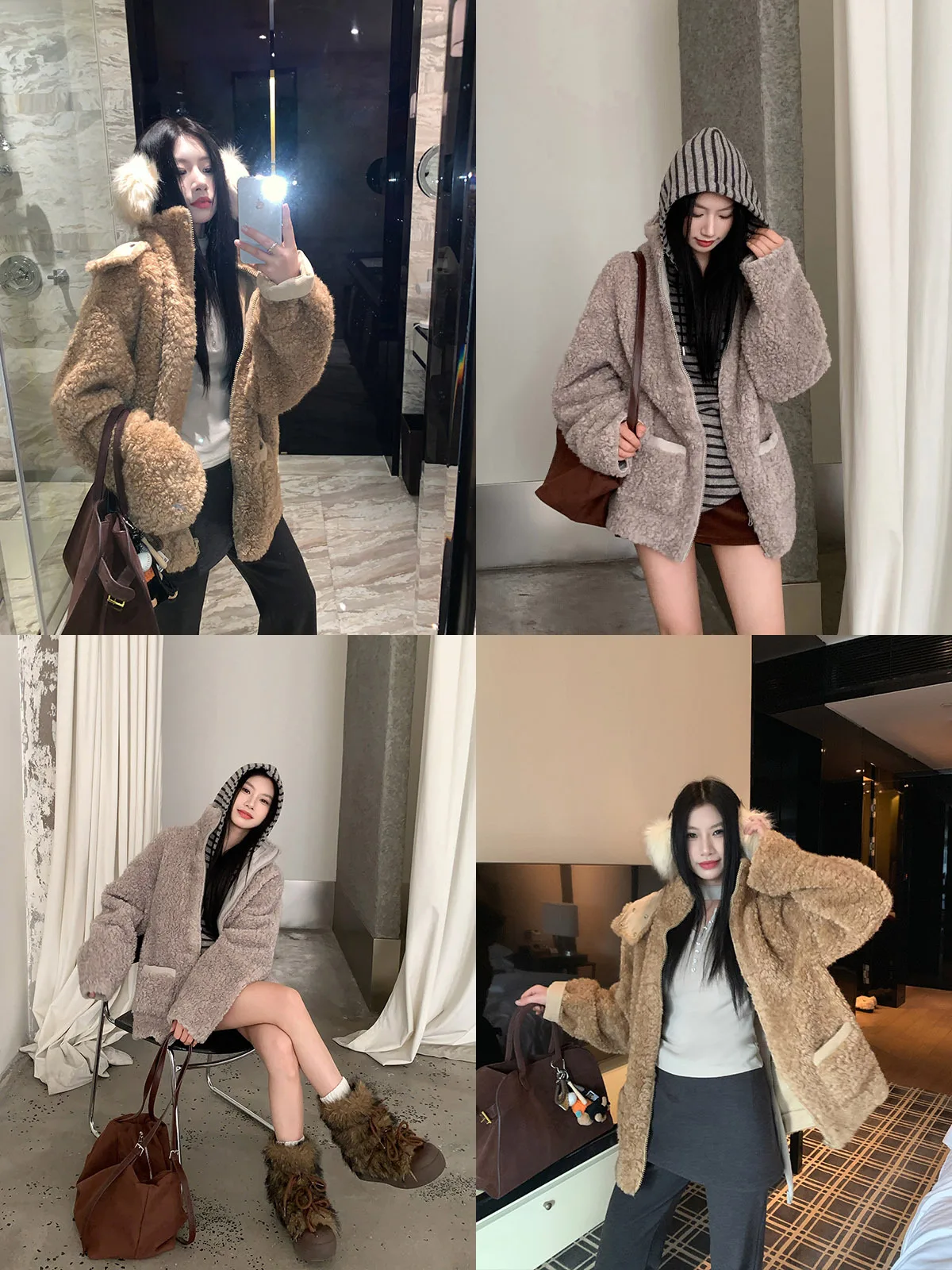 Joeyoo Zimowy Rozpinany Płaszcz z Ociepleniem z Owczej Skóry, Damski, Zintegrowany z Skórą i Futrem, Krótka Odzież Wierzchnia