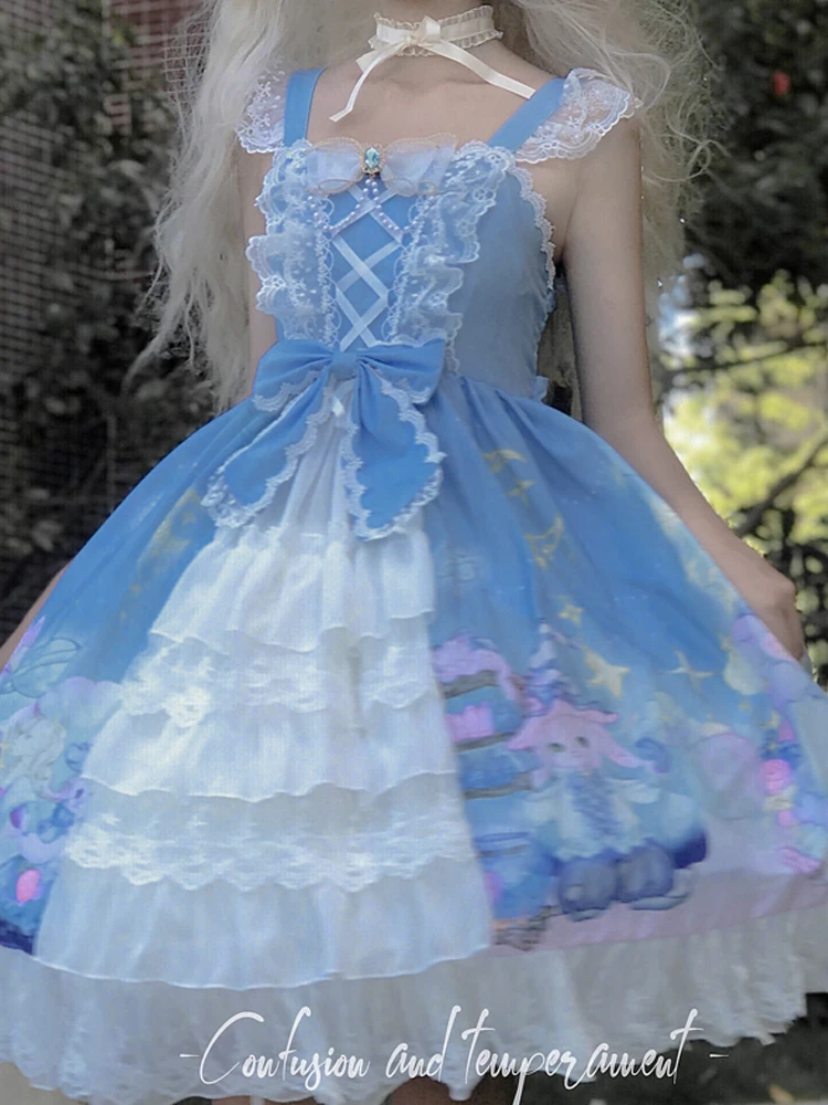 Kimokokkm – robe de princesse en dentelle Style Lolita, Kawaii, col carré, nœud en dentelle, volants en cascade, sans manches, douce, Cosplay