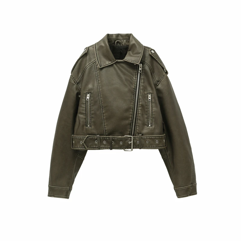 Blouson court en similicuir PU femme, vintage, avec ceinture, streetwear, rétro, avec fermeture éclair, vêtement d'extérieur, pour motard, 2024