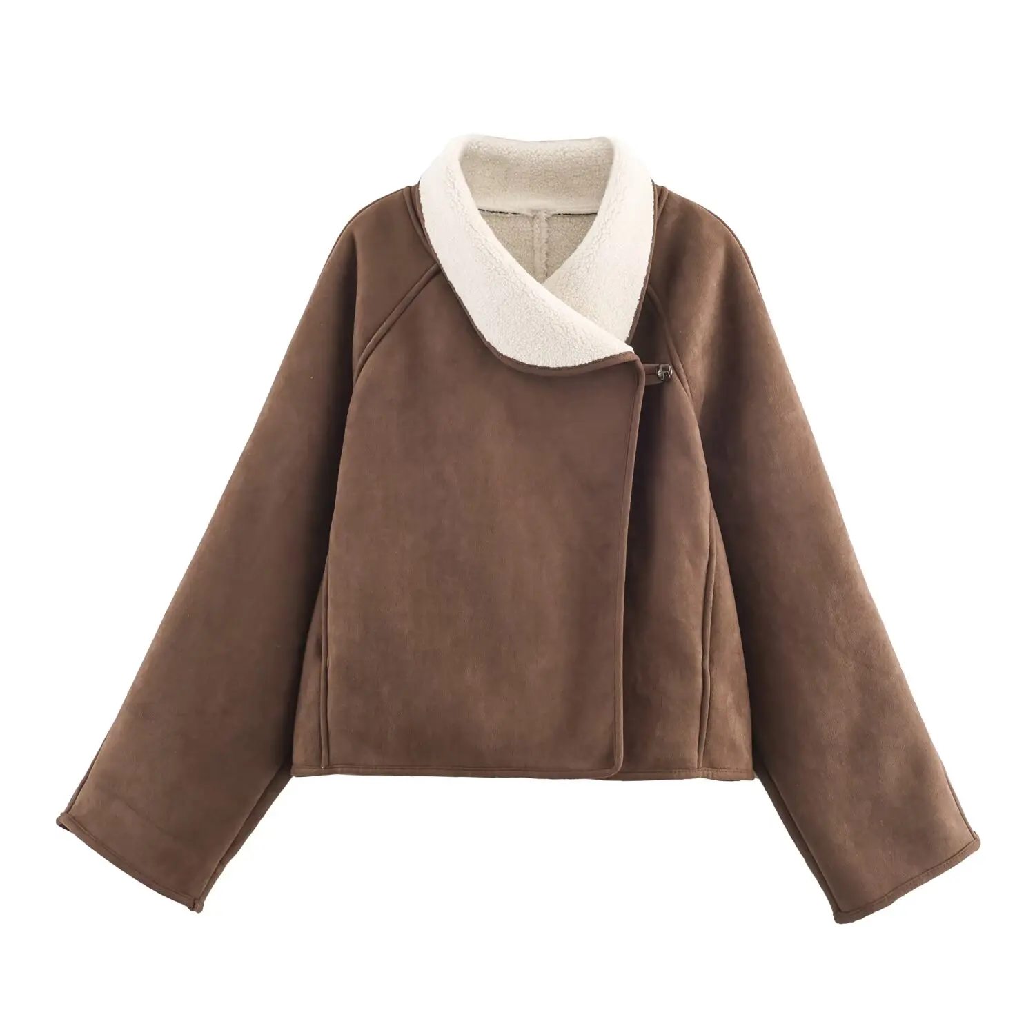 

Faionable Lamb Fur Jaet Women's Versatile Stand Collar Retro Sle Long Sve Zipper Closure Straight Cut ort Coat