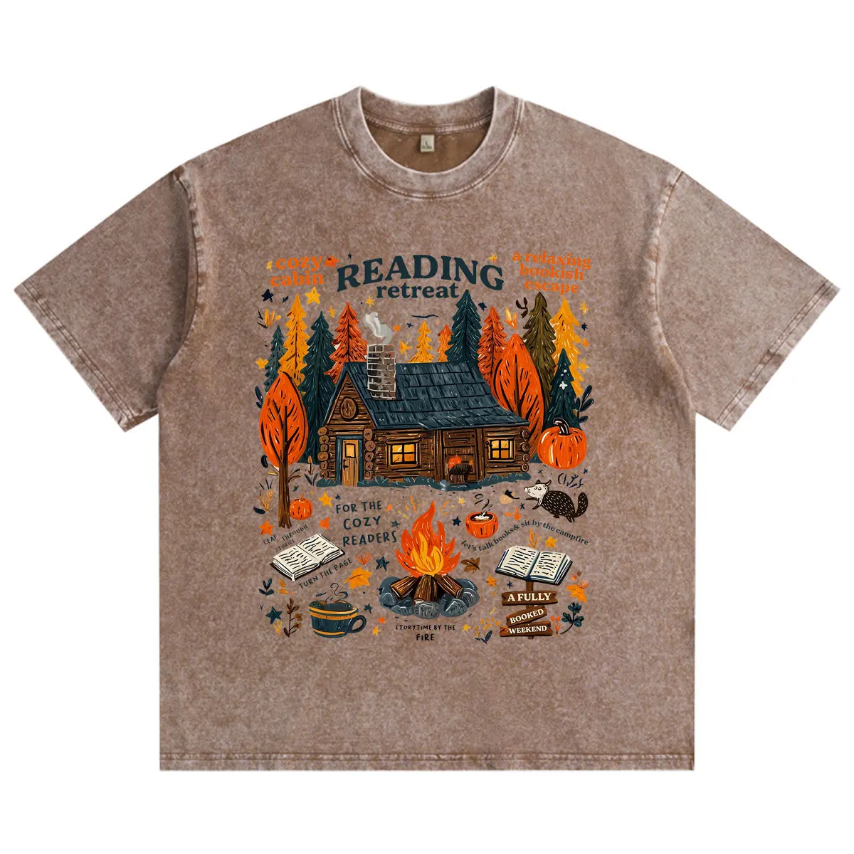 Cozy Cabin Reading Retreat Vintage Washed T-shirt Fall Bookish Autumn Readers Pumpkin Spice Book Caual Short Sleeve T-shirts