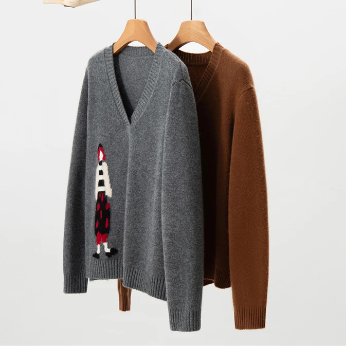 100 Pure Cashmere Knitted V-Neck Women's Sweater Autumn Winter New Style Cartoon Embroidery Versatile Crew Neck Pullover