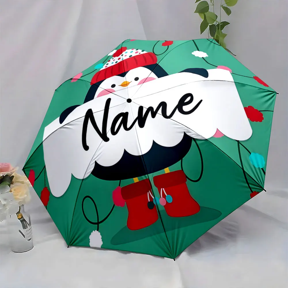 Custom Name Penguin-themed umbrella with festive design 8 Iron Ribs Folding Umbrella Auto-Open Fashionable Sunshade Deluxe Gift