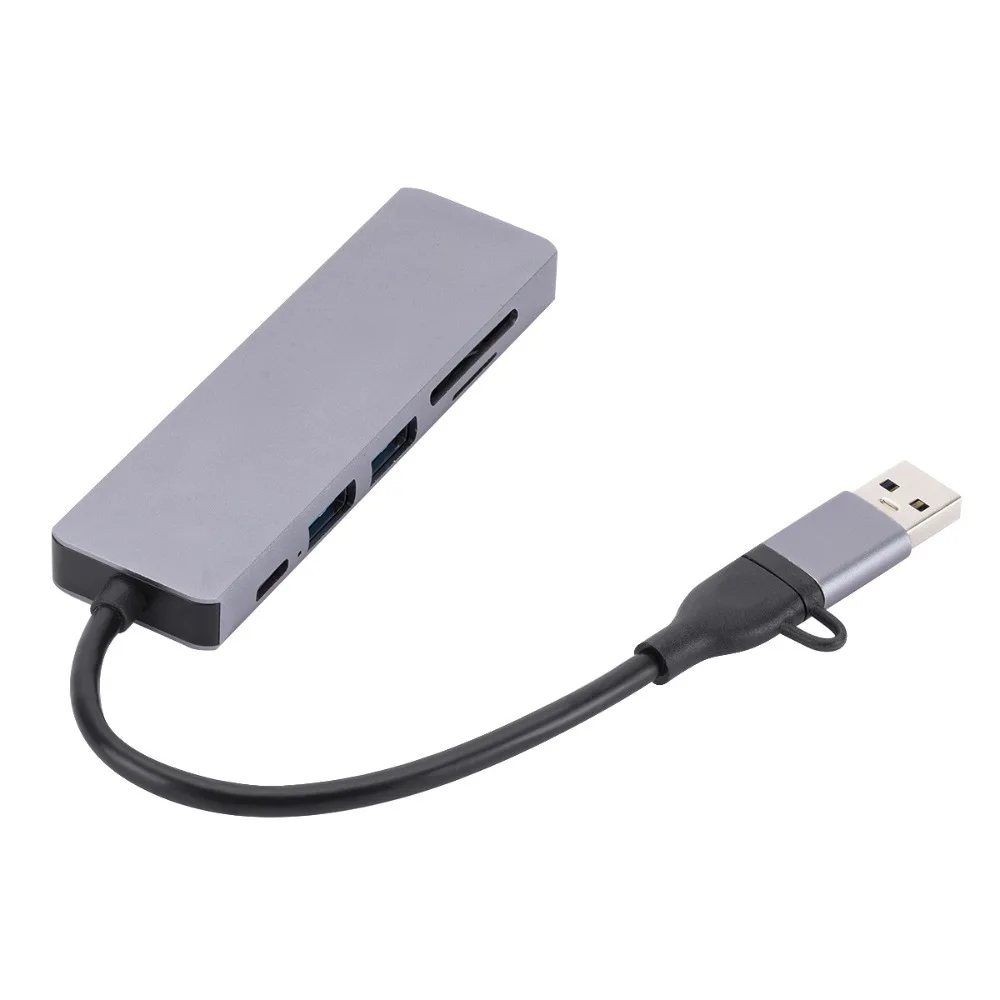 6-in-1 USB Splitter Type-c Expansion Dock Hub Multifunctional Card Reader PD Aluminum Alloy SD/TF