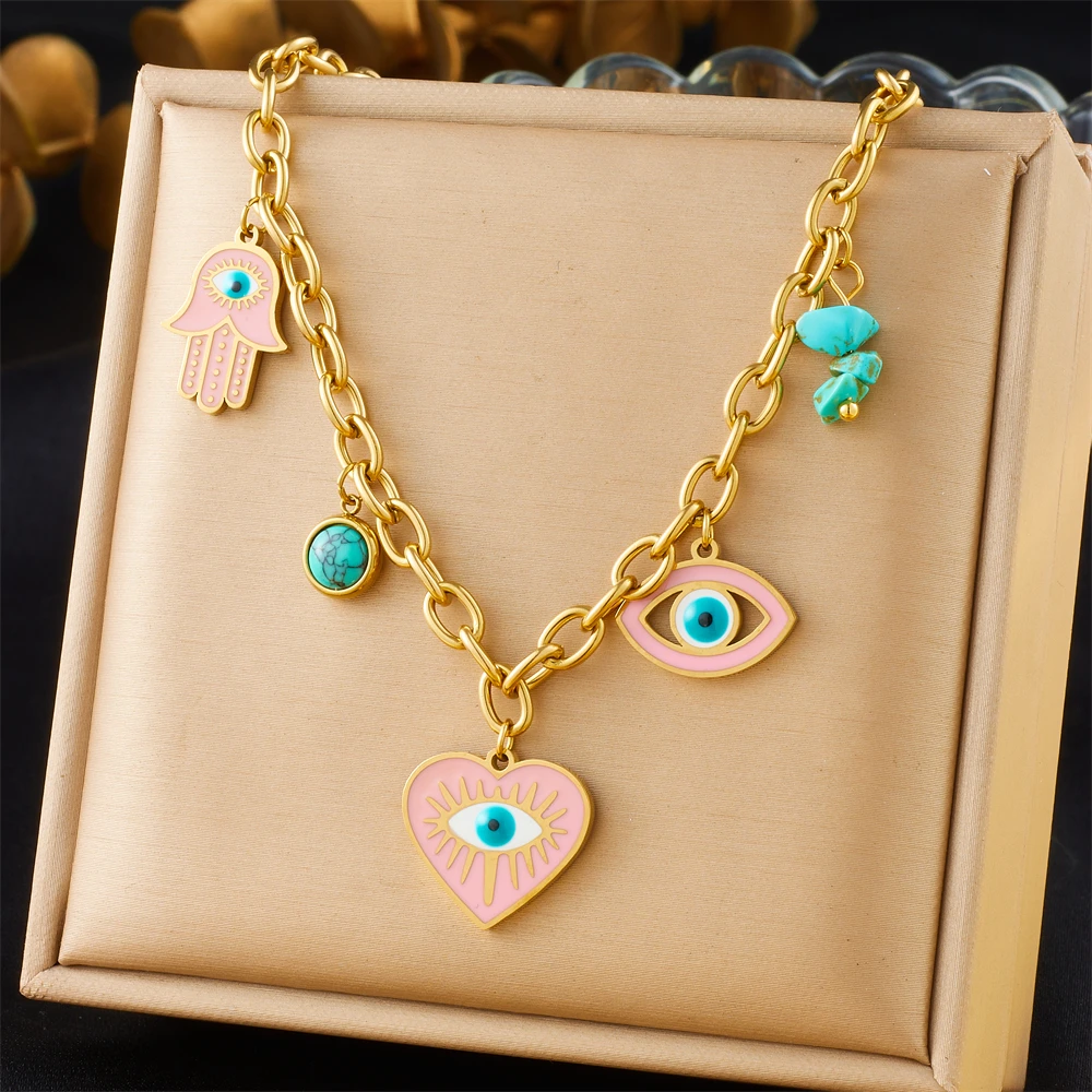 LAMENGLY 316L Stainless Steel Exaggerated Eyes Pink Heart Eyeball Palm Pendant Necklace Women Classy Non-Fading Clavicle Chain