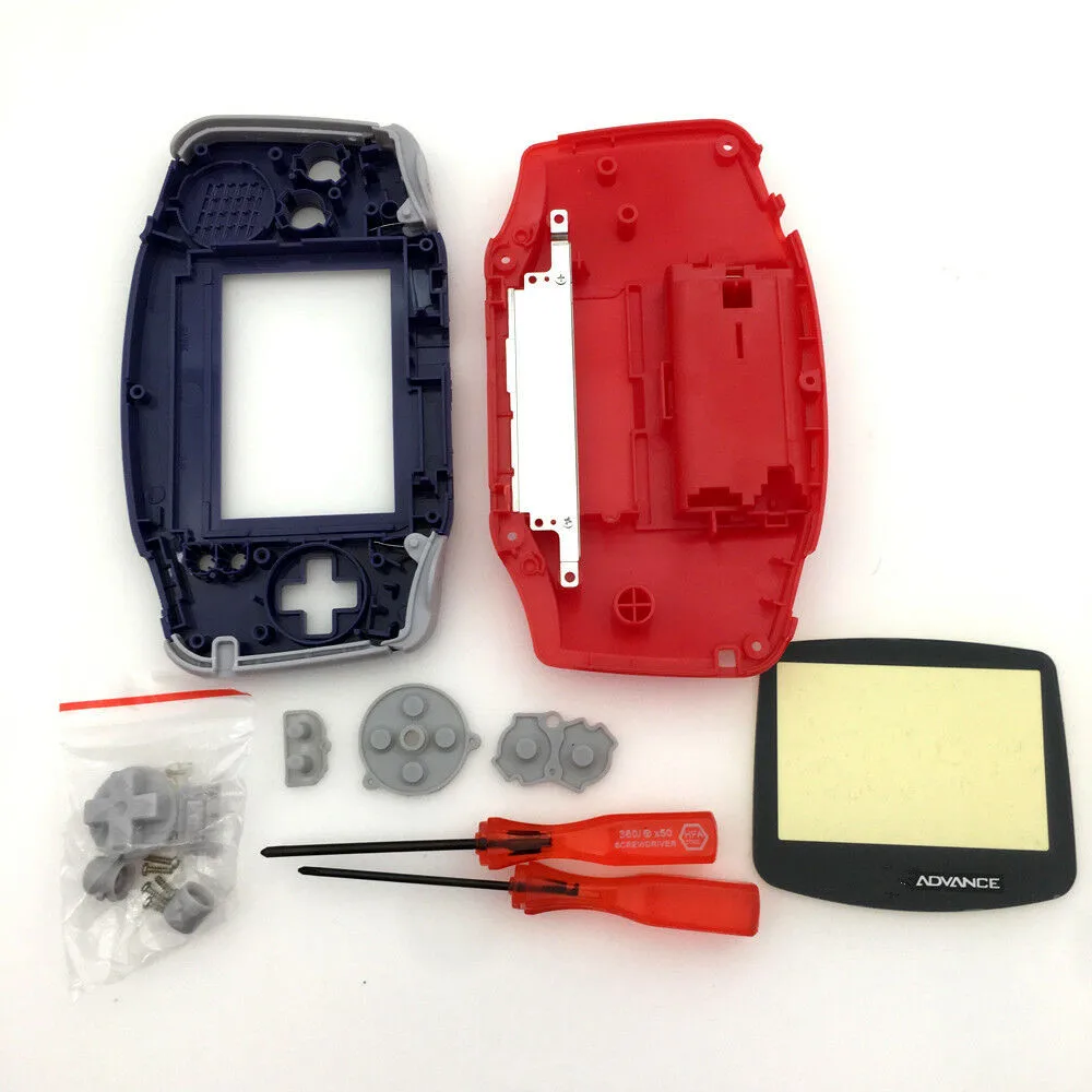 غطاء حماية كامل باللونين الأزرق والأحمر مقطوع مسبقًا لشاشة V2 IPS GBA لشاشة Game Boy Advance GBA - أزرار ملونة اختيارية