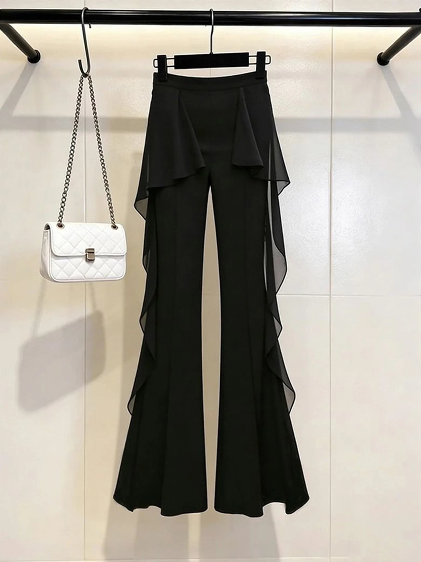 Unique Casual Bell Bottom Pants Women's High Waist Patchwork Slimming Korean Style Autumn New Design Leaf  Long Trousers