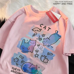 Fun Mischievous Cat Print Japanese Style T Shirts Men Women Fashion Cotton Shirt Loose Summer T Shirts Fashion Oversized Tee