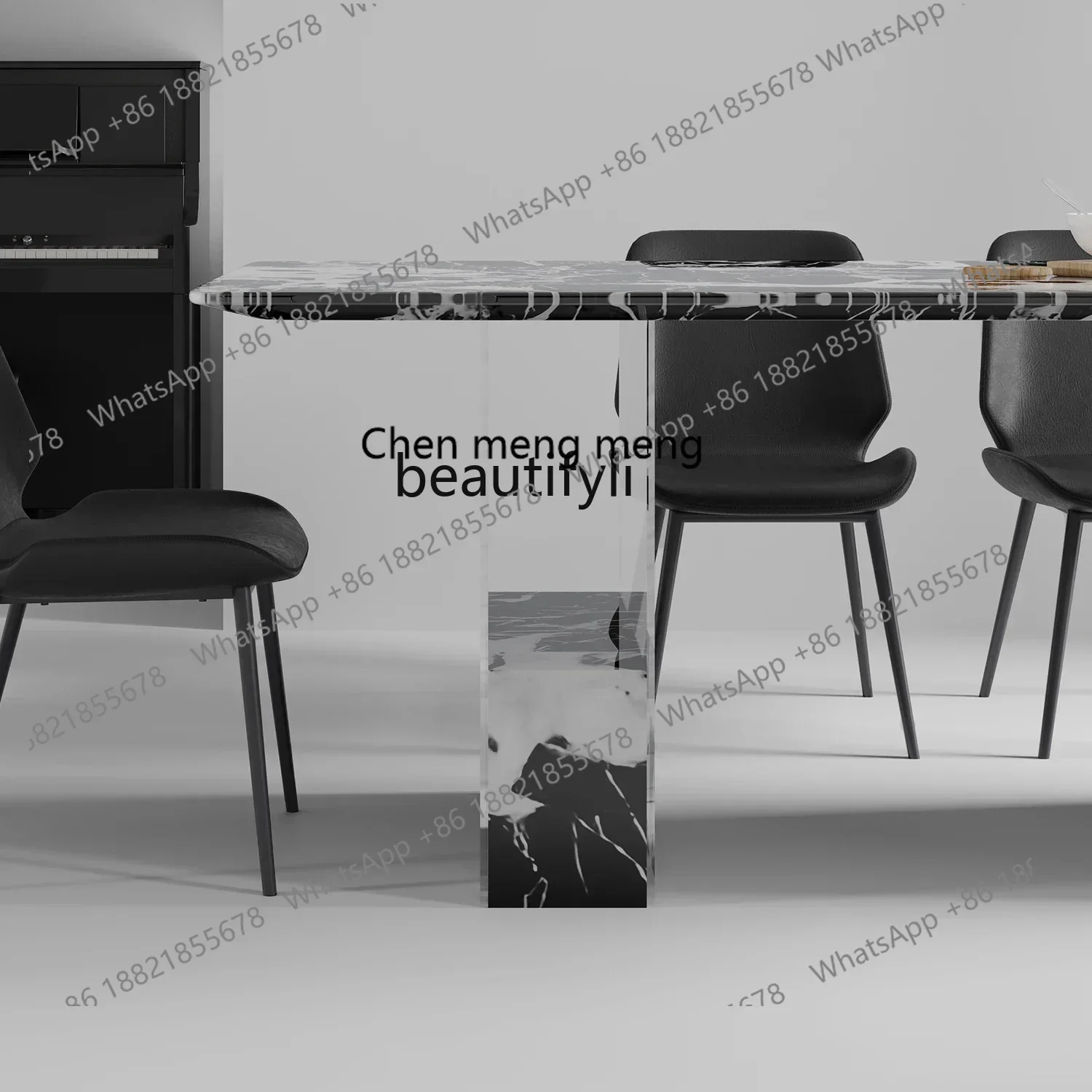 ss7486 طاولة طعام معلقة من الرخام، طاولة طعام مستطيلة من الحجر الأسود الفاخر خفيفة فاخرة من الأكريليك وابي سابي مقاس الرياح APA