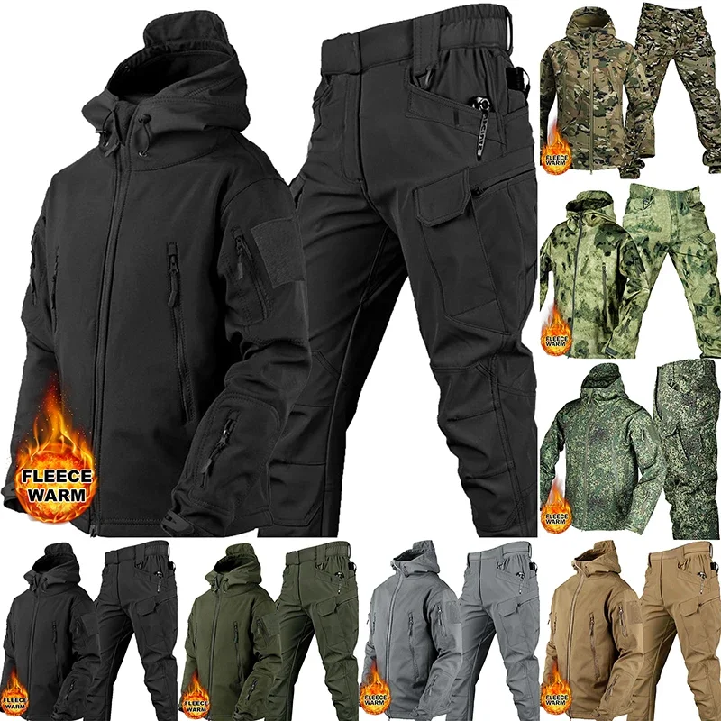 

Tactical Warm Set Men'S Camouflage Outdoor Windproof Waterproof Suit Multi-Pocket Soft Shell Hooded Jackets Sharkskin Work Pants