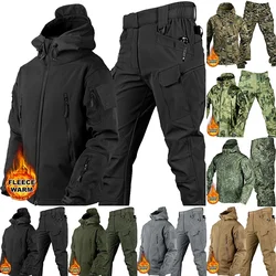 Conjunto táctico cálido de camuflaje para hombre, traje impermeable a prueba de viento para exteriores, chaquetas con capucha de concha suave con múltiples bolsillos, pantalones de trabajo de piel de tiburón