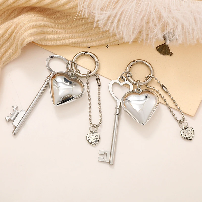 Ins Style Silver Heart Key Chain Key Pendant Headphone Case Charm Bag Decor Car Key Ring