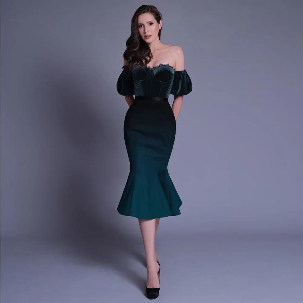 

Customized Mermaid Cocktail Dresses For Women Green Velvet Off The Shoulder Short Evening Party Dress Midi Short Puff Sleeves Co