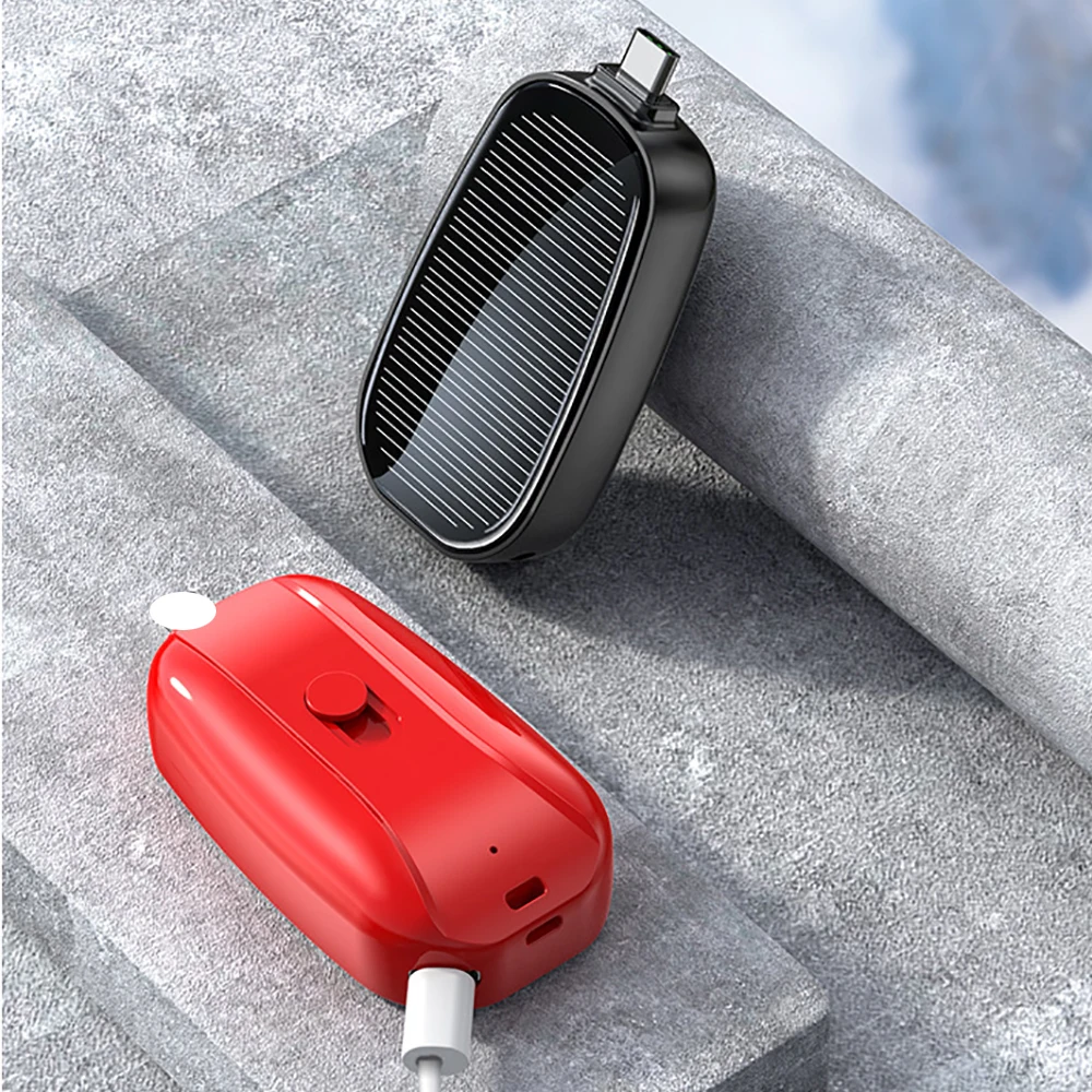 Solar Keychain Mini Power Bank Portable Powerbank Compact Phone Charger Mini Power Bank TYPE-C Backup Emergent Power 1200mAh