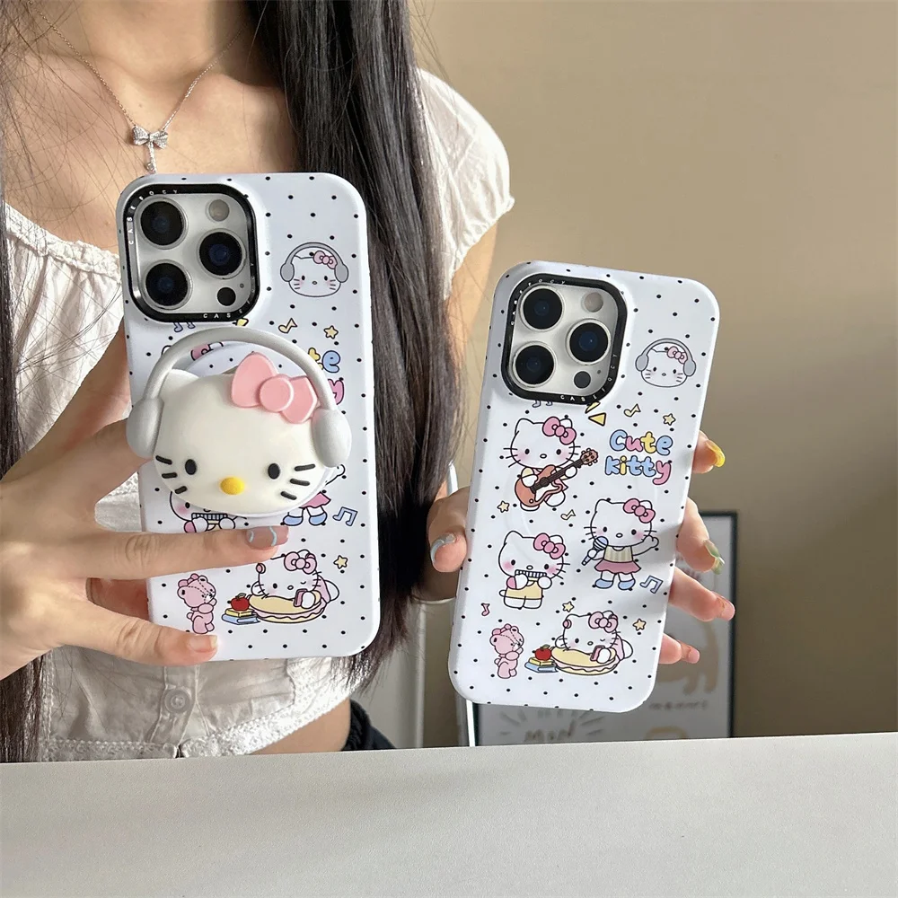 

Simple polka dot kawaii Hellokitty 3D magnetic stand phone case for iPhone 17 16 15 14 Pro Max 13 Fundas cute protective cover