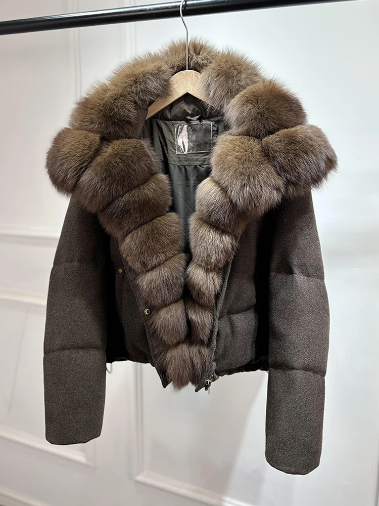 2026 Luxury Winter 90% White Duck Down Wool Blends Jacket Women Real Natural Huge Fox Fur Thickened Warm Puffer Wool Down Coat