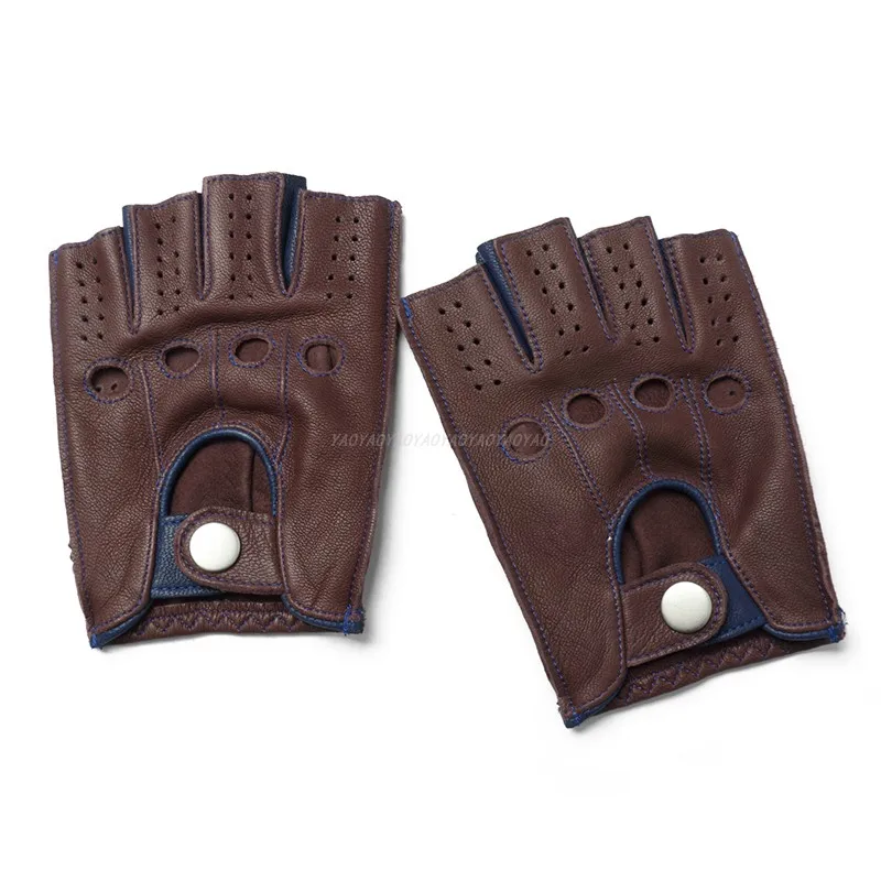 High Quality 2024 New Half Fainger Men Genuine Leather Gloves Goatskin Gloves Male Dark Green BiColor Breathable Driving Mittens