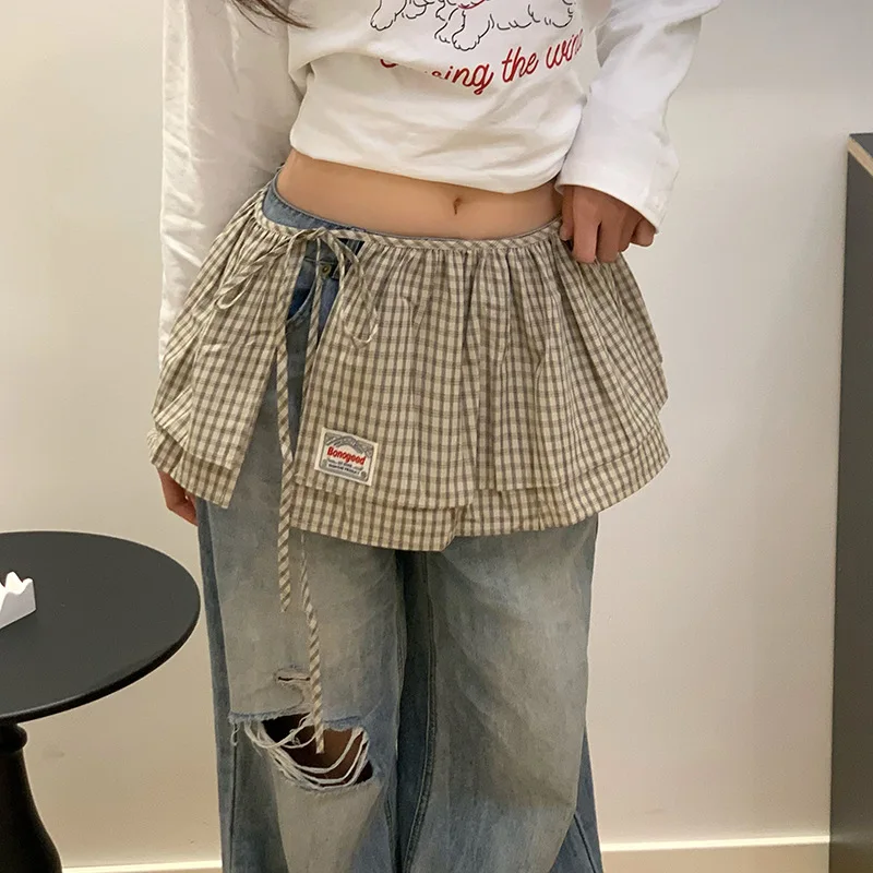 セクシーなヴィンテージチェック柄オーバーレイおならカーテン女性のための日本のかわいいストラップ半身スカートスパイスガールズジーンズカーテンスカート