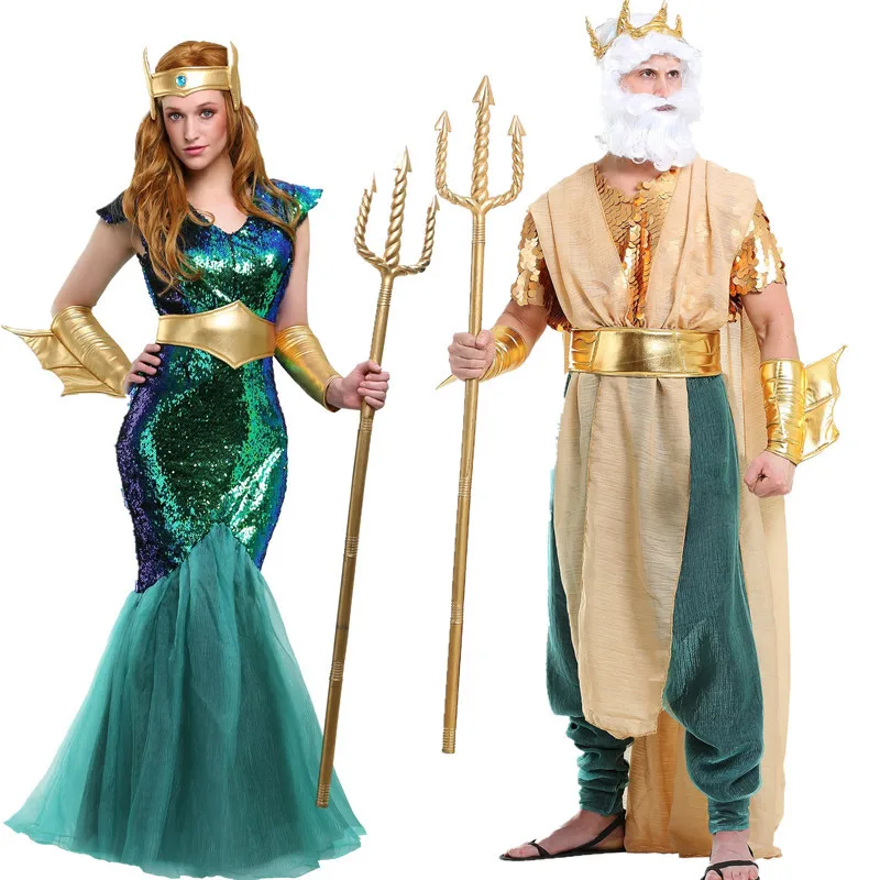 Adult Couple Sea King Costume Women Mermaid Queen Dress Men Sea God King Costume with Headdress Belt Cuff