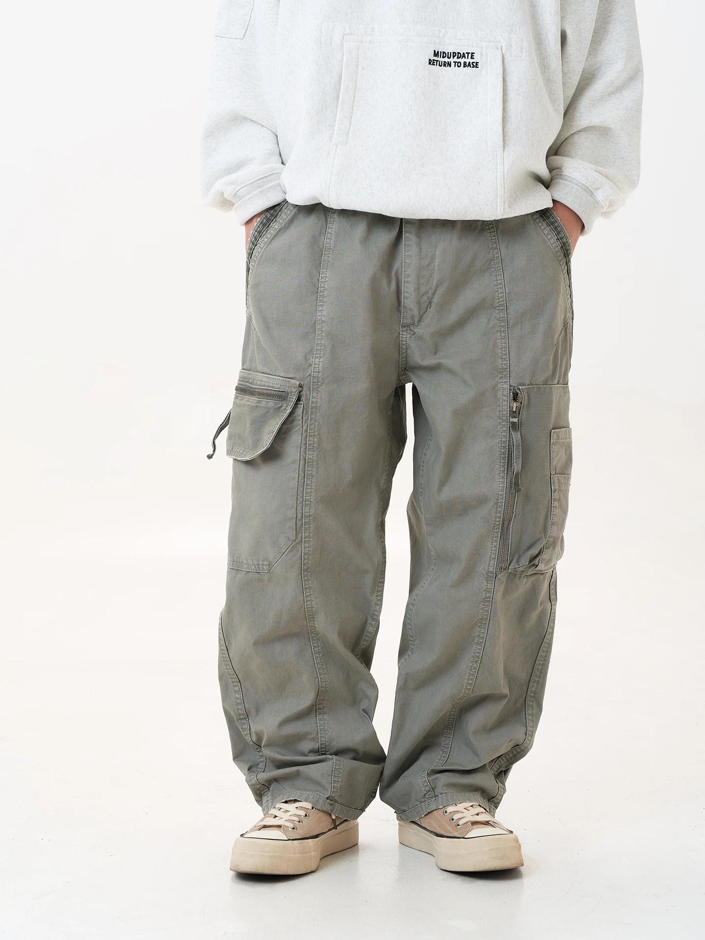 

Retro Vintage Workwear Casual Pants Men's Heavyweight Faded Zipper Large ket Satin Texture Loose Fit Trousers