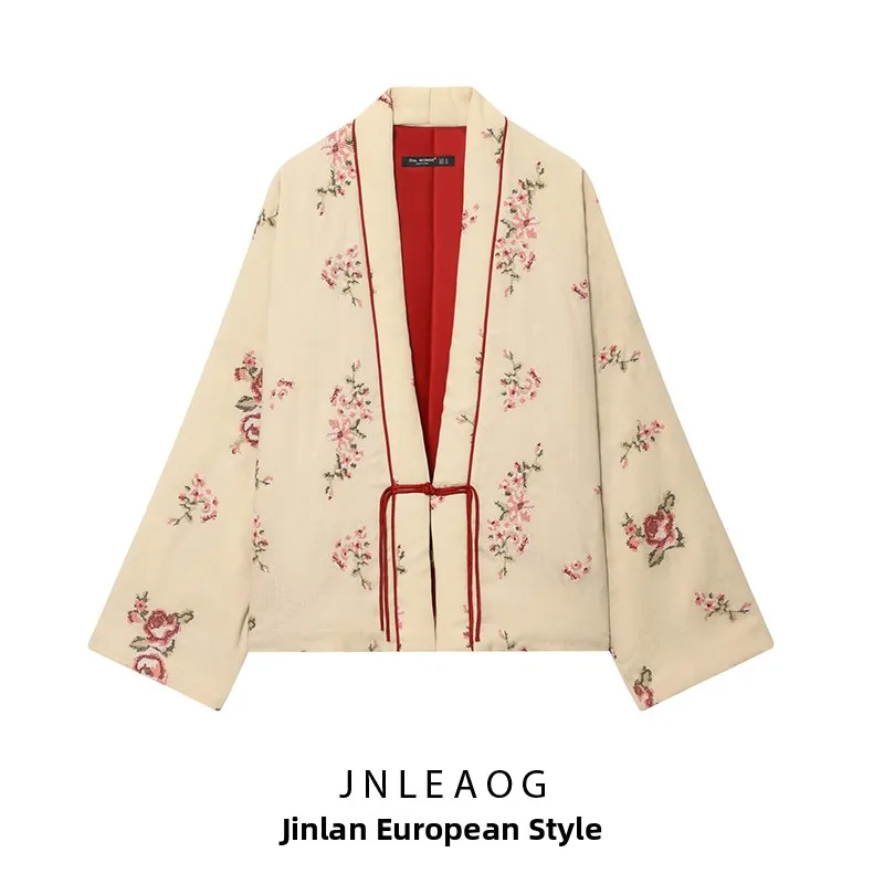 

JNLEAOG Autumn New Women's Embroidered Long Sve V-Ne Cotton Jaet Floral Pattern Casual Comfortable Loose Fit Coat