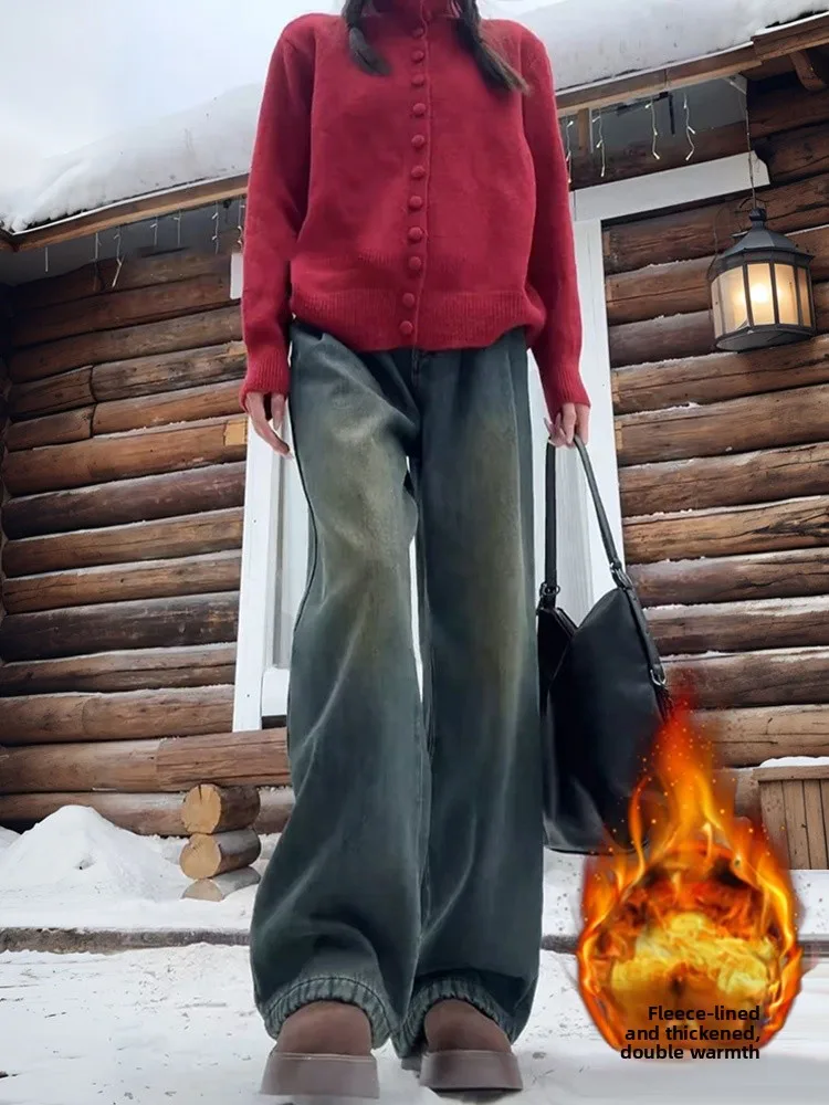 

Retro Fleece Lined Thick Wide Leg Denim Jeans Women's Autumn Winter New plus Size Loose Slimming Straight Cut Trousers