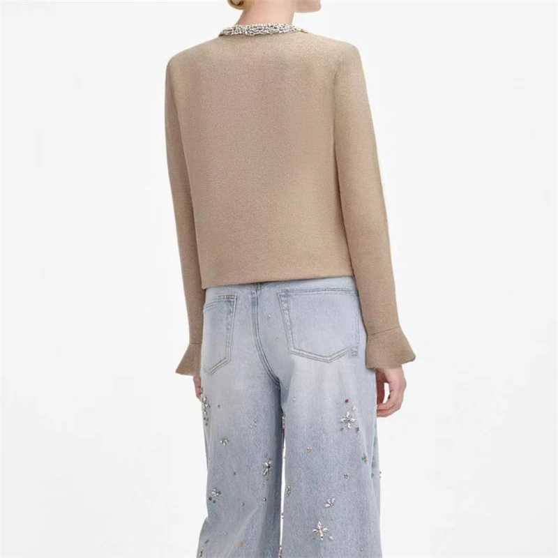2026 Spring New Women's Heavy-Duty Rhinestone-Studded Round Neck Knit Cardigan, High-Quality Fashionable Straight-Cut Jacket