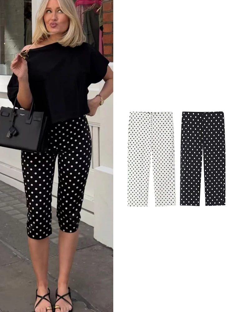 TFMLN New Women Polka Dot Calf Length Pants Vintage Slimming Cropped Trousers C…