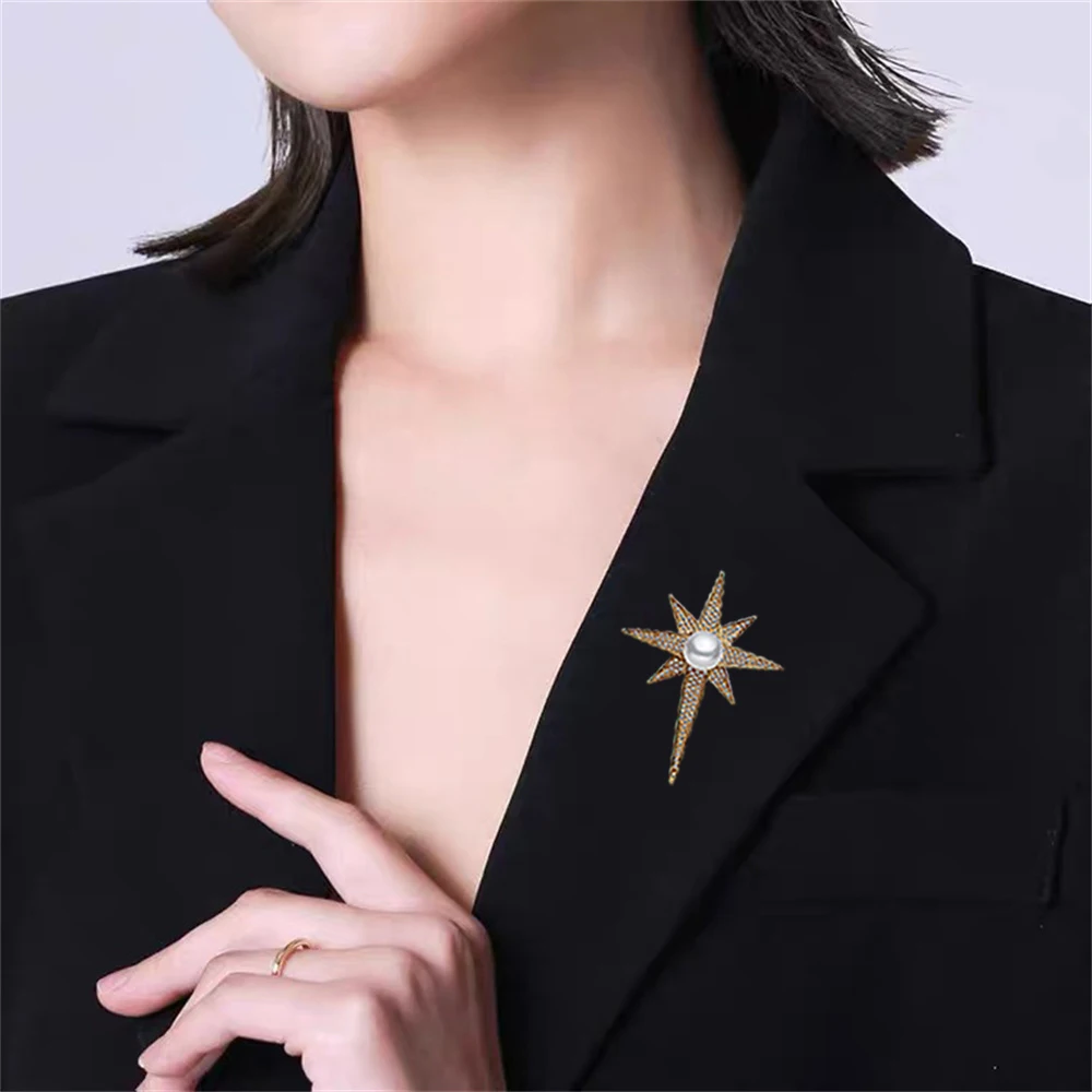 CZ Retro Exquisite Stars Pearl Metal Brooch For Women Man Fashion Temperament Zircon Western Suit Pin Clothing Accessories