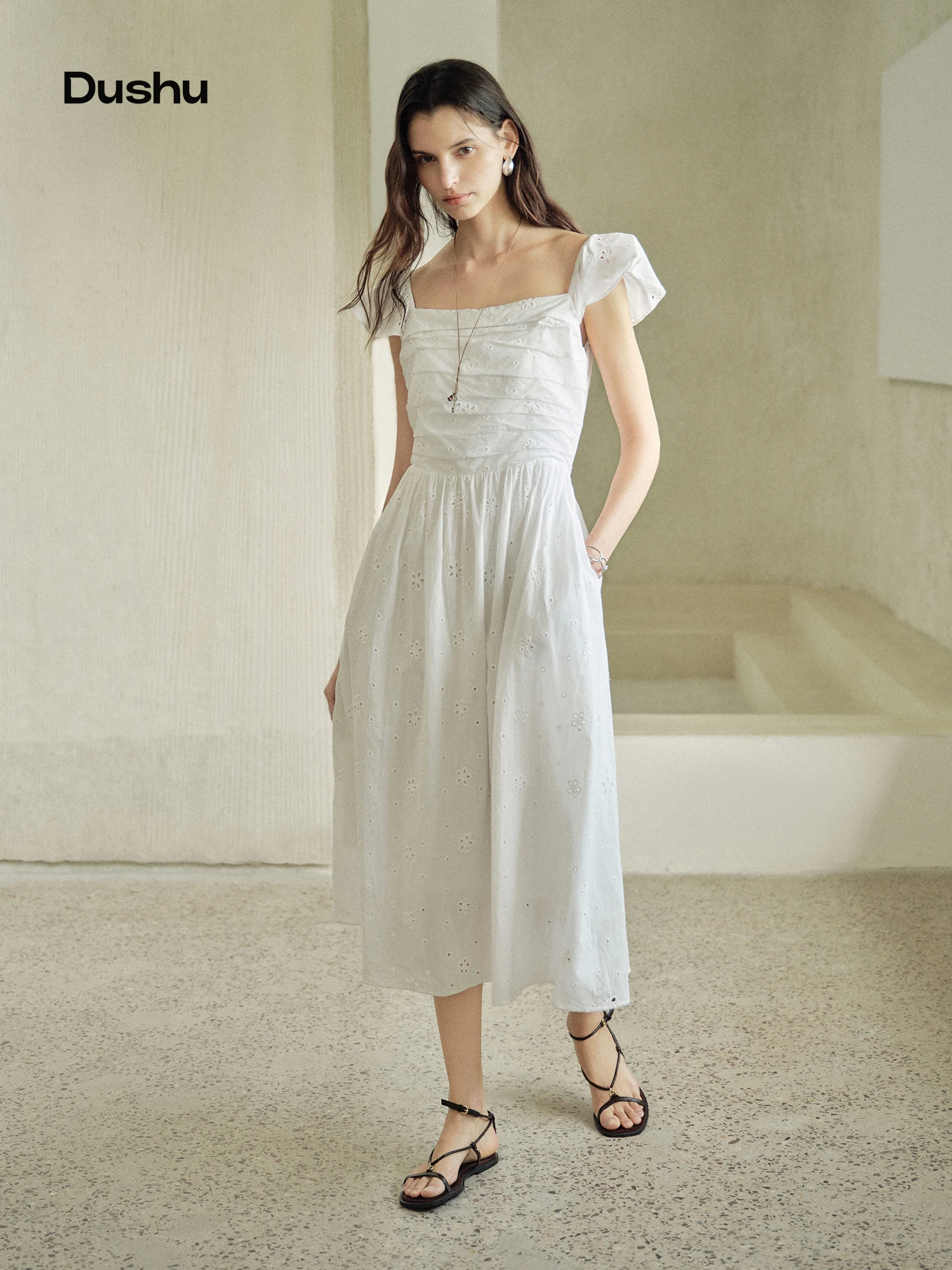 DUSHU 2026 Summer Women's Whimsical Vacation Style Maxi Dress with Full Skirt for Beach Holidays and Summer Getaways