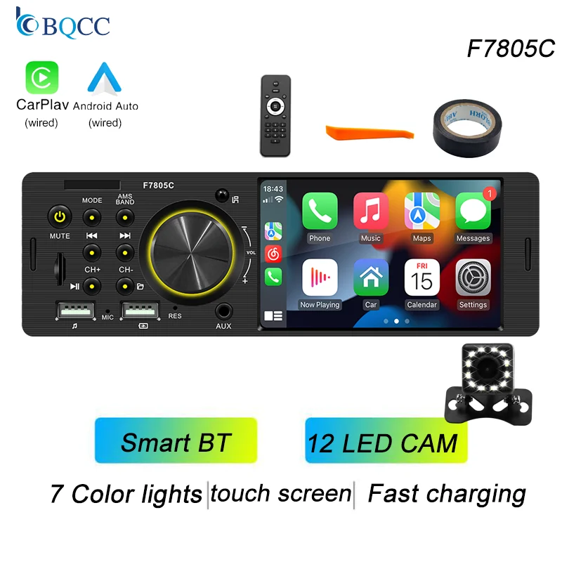 Bqcc 1 Din4.1 Inch Touchscreen Autoradio Bedrade Android Auto Carplay Bluetooth Fm Usb Mirrorlink 7 Kleurrijke Lichten Autoradio - afbeelding 1
