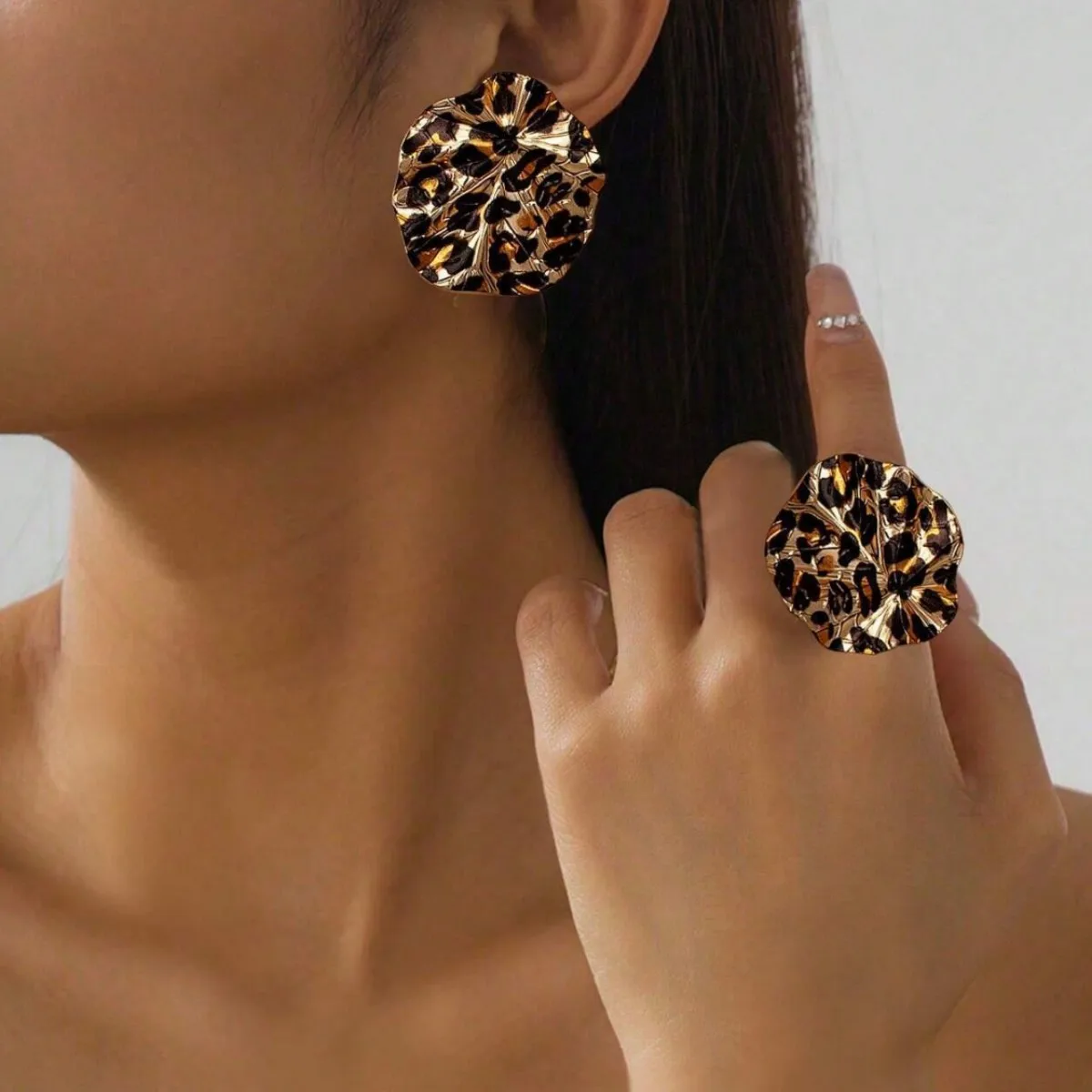 Fashionable Metal Leopard Print Fan-shaped Flower Stud Earrings & Ring Set, Lotus Leaf Hammered Jewelry