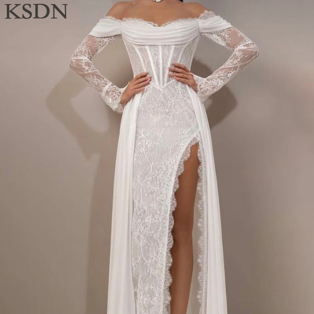 KSDN Pretty Women Evening Dresses Fashion Off the Shoulder High Side Split Gowns Formal Occasion Long Sleeve Dress Vestidos