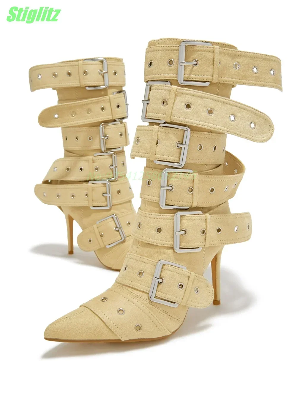 Belt Buckle Sexy Boots Punk Metal Decoration Pointed Toe Thin High Heel Yellowish Black Women\'s Boots Canvas Spring Daily Shoes