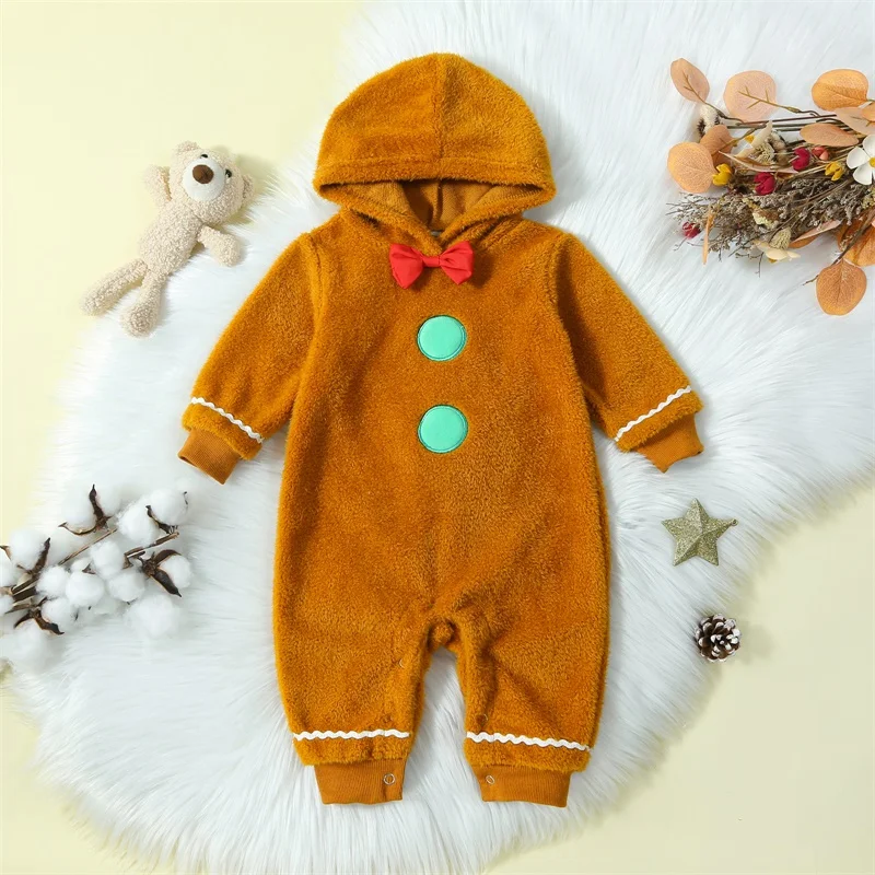 Infant Baby Christmas Fuzzy Jumpsuit Gingerbread Man Cute Hooded Romper Fall Winter Outfit Clothes