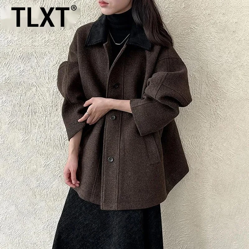 

TLXT элегантный женский шерстяной тренч с лацканами, однобортный контрастный цвет, толстые теплые куртки с длинными рукавами, женские зимние новые куртки