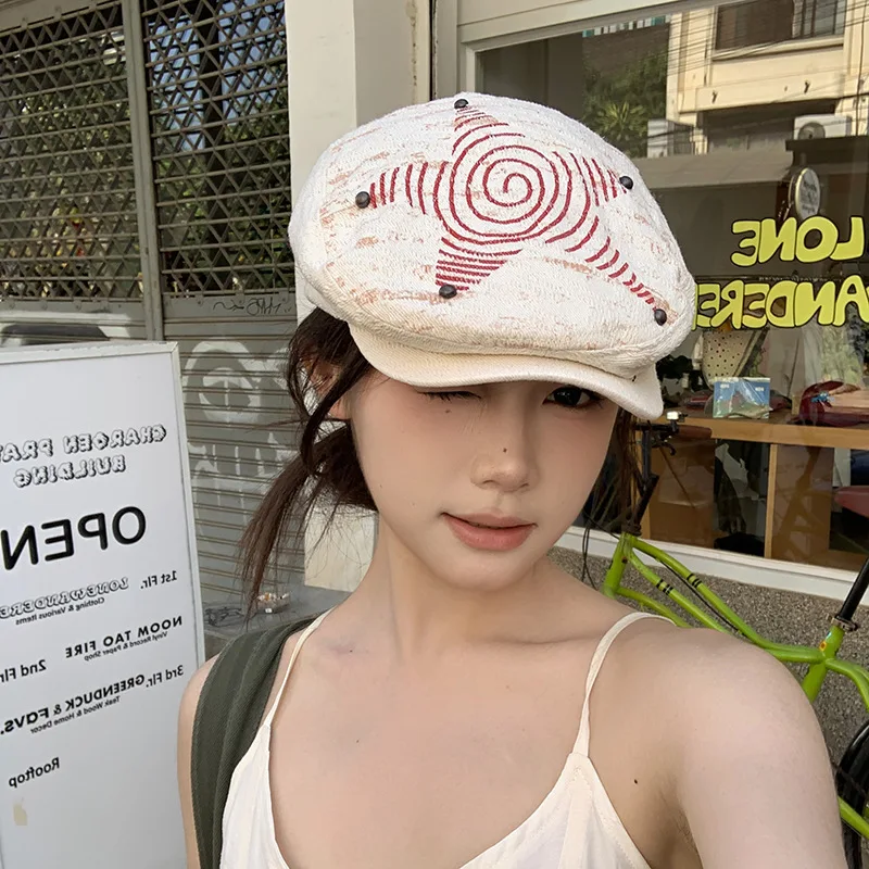 Departamento japonês de harajuku retro graffiti estrelas para frente chapéus para mulheres versátil y2k pentagrama pintor boina boné