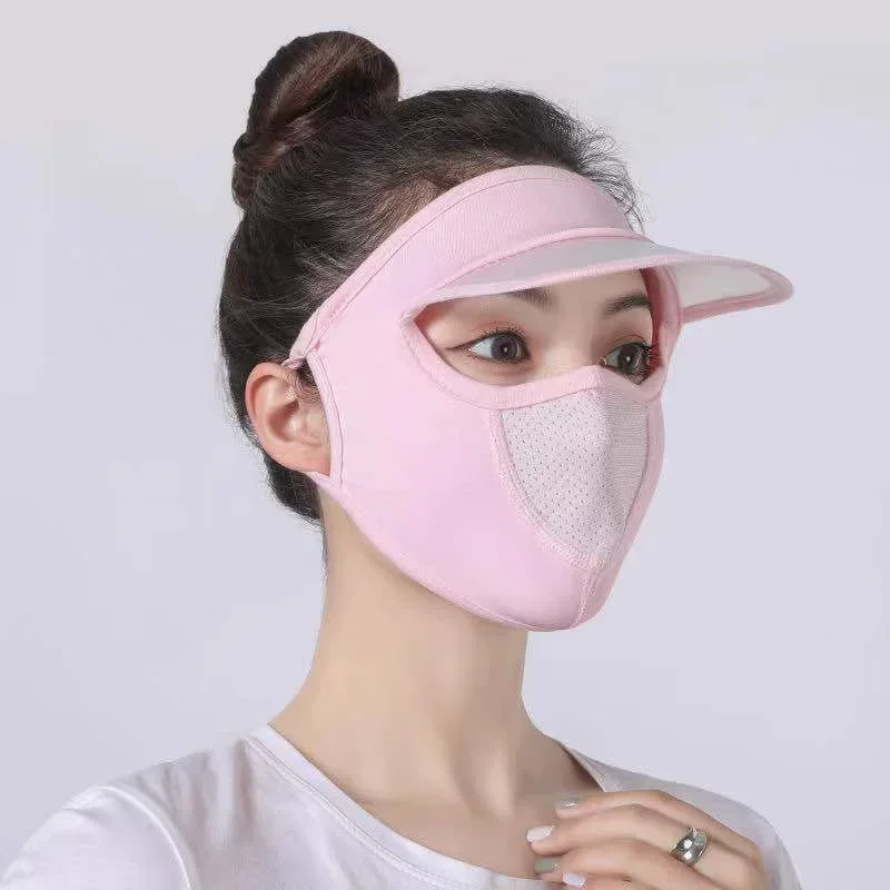 Women Summer Sun Hat with Mesh Breathable Ice Silk Mask Outdoor Worker Anti-UV Full Face Cover Sunscreen Sunshade Cycling Cap