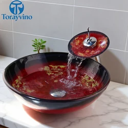 Torayvino bathroom sink basin lavabos modernos Waterfall Glass Hand Painted wash basin deck mounted faucet Water Mixer taps