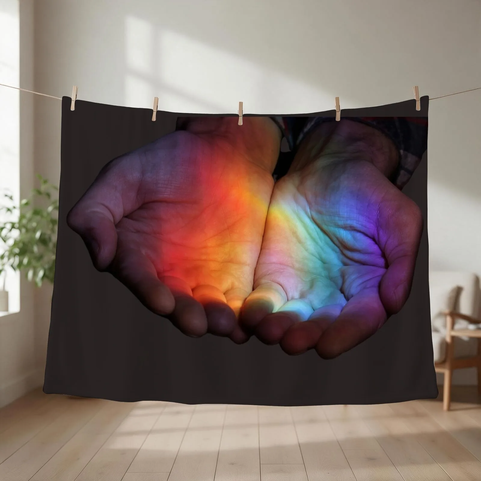 Hands Holding Rainbow Throw Blanket couch cozy soft plush fuzzy picnic outdoor blanket