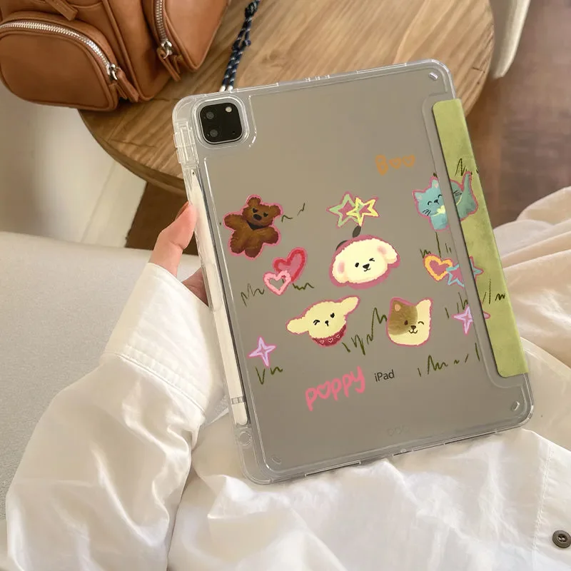 Kawaii Animal Gathering Green Fresh Cartoon Cute For iPad Case iPad 10 9 8 7 Air 5 4 3 2 Pro 11 Mini Y-Fold Tri Fold Cover