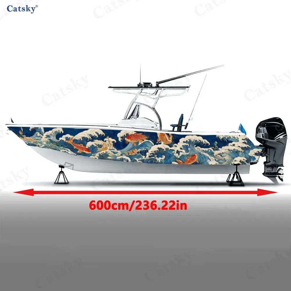 Blue Giant Wave Lucky Koi Boat Stickers, PVC Waterproof Durable Vinyl Wrap Decals for Fishing Boats, Durable and Stylish Design