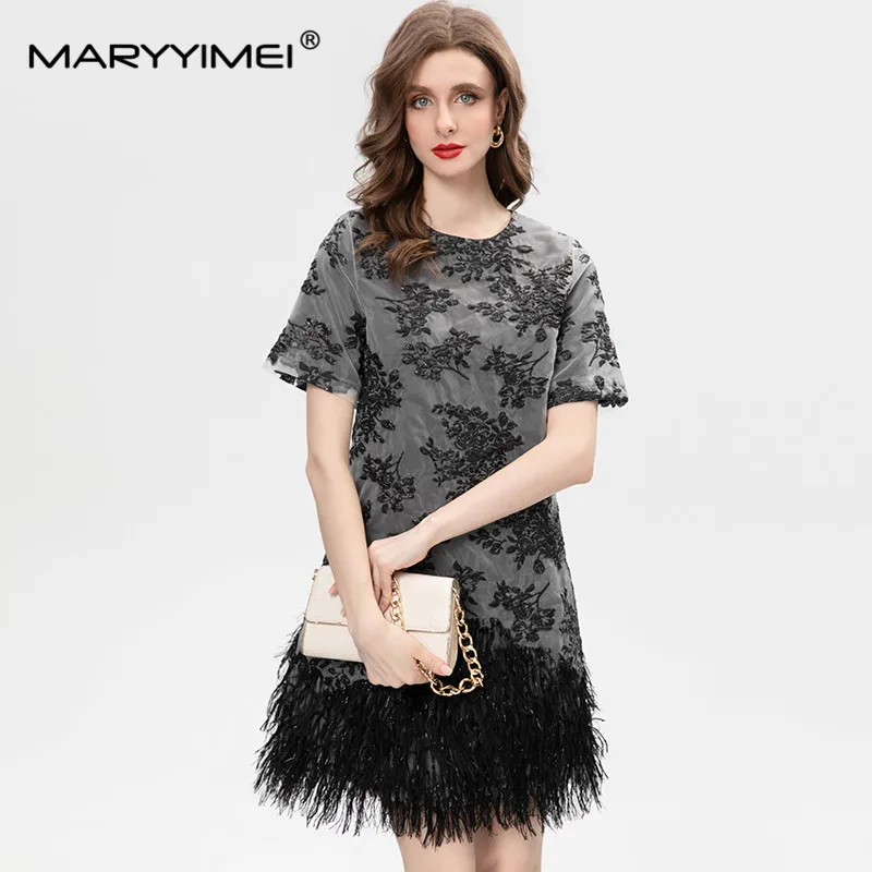 

MARYYIMEI New Fashion Runway Designer Women's Round Neck Short Sleeve Velvet Embroidery Fringe Vintage Grey Dress