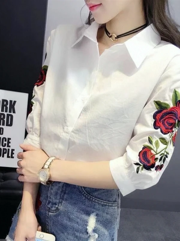 

Embroidered Cotton Blend Women's irt Loose Fit Slimming Five-Quarter Sve Top Spring Summer New Sle Korean Version