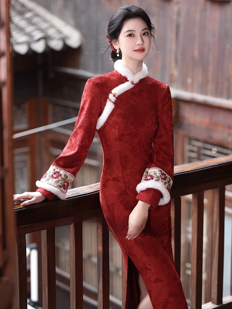 

New Chinese Sle Long Sve Fur Collar Women's Dr Warmth Wine Serving Suit Autumn And Winter Faionable