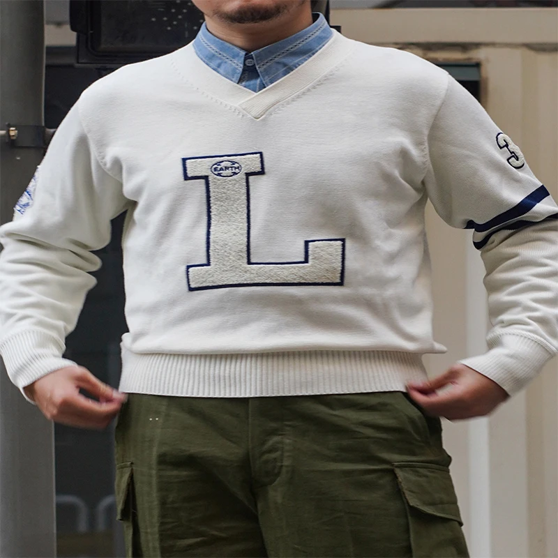 Tianshi Fine Cut Ivy American Vintage IVY Maglieria Scollo a V Autunno e Inverno Maglione Lettera Ricamo Pullover caldo